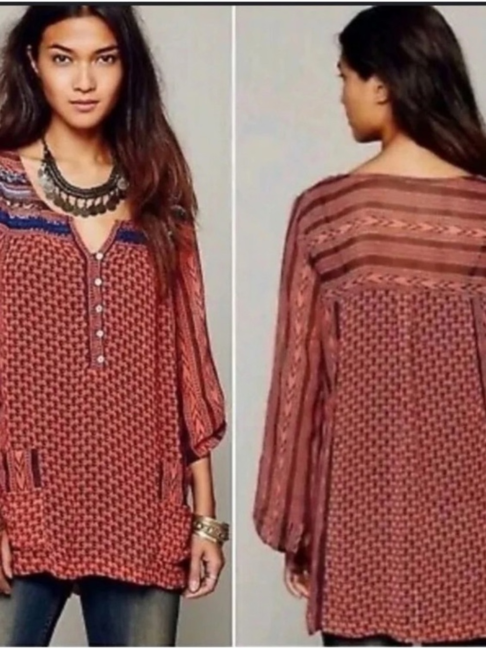 Free People Feathers in the Wind Rust Patterned Boho Henley Tunic Top Sz Small